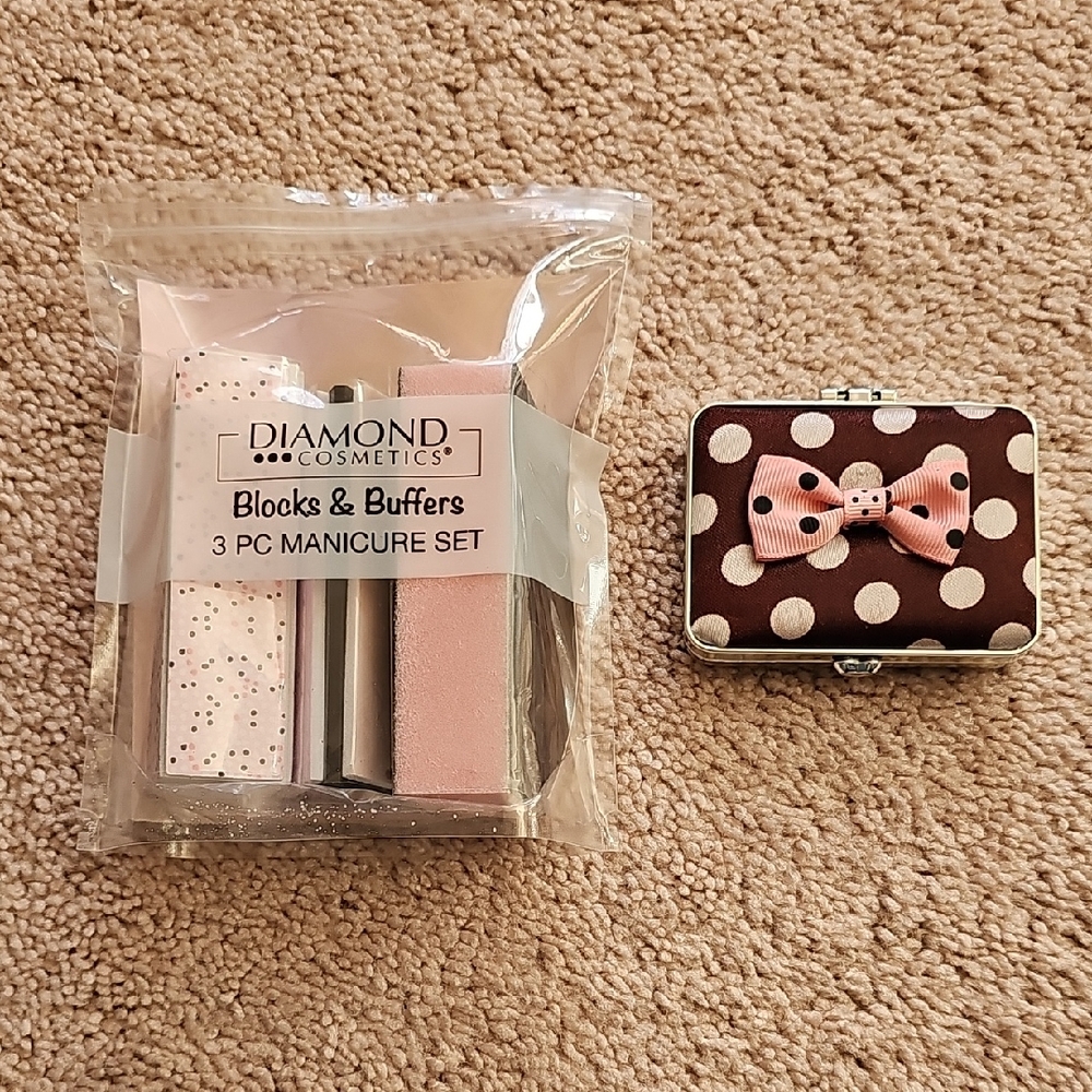 3 PC Manicure Set And Pink and Brown Mirror Case